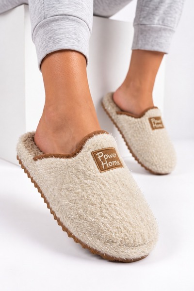 Women's Cream Glitter Detailed Plush Winter House Slippers Byndpwrhome01