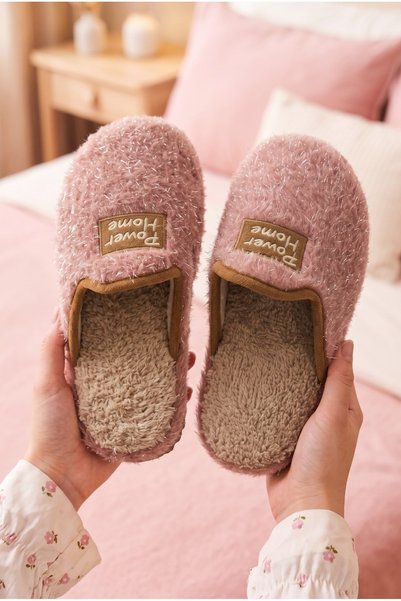 Women's Dusty Rose Glitter Detailed Plush Winter House Slippers Byndpwrhome01