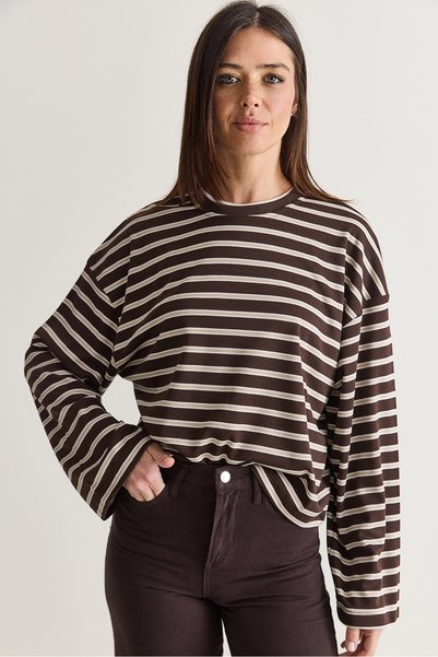 Women's Brown-Beige 100% Cotton Striped Crew Neck Off-Shoulder Oversize Sweatshirt 12785 60286696