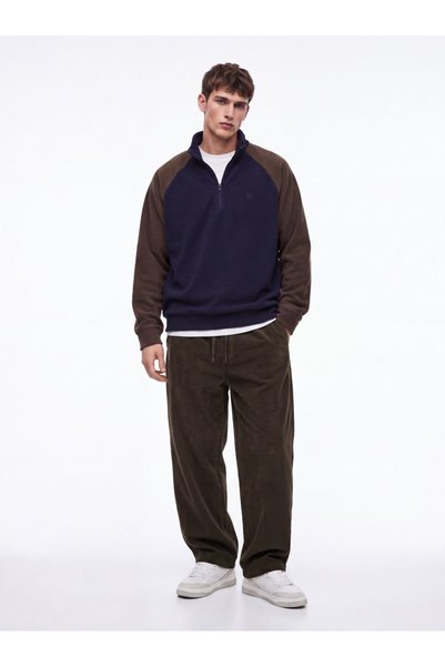 Regular Fit Half Zipper Fleece Navy Blue Sweatshirt
