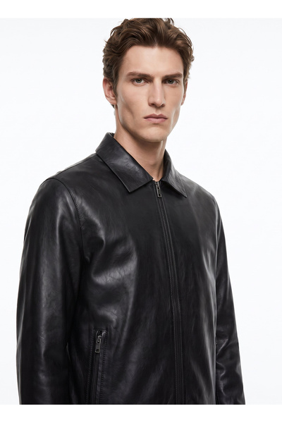 F6Wm-Mnt 2102 Black Men's Slim Fit Leather Coat