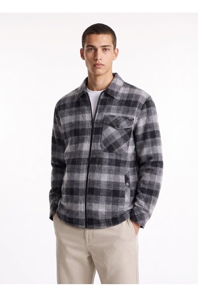 Men's Black Collared Relaxed Plaid Shirt J6Wm-Gml7201