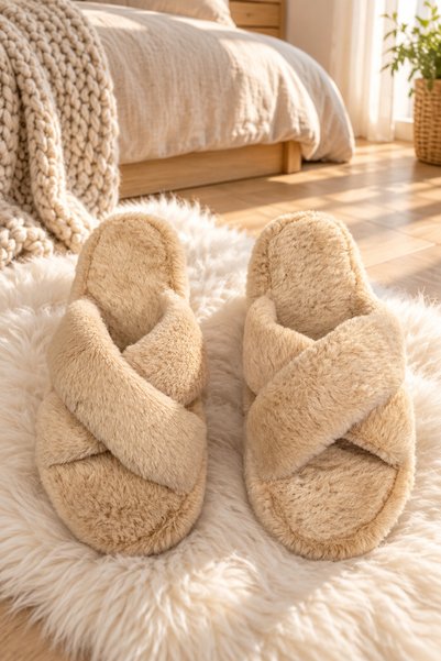 Women's Mink Cross-Strapped Plush House Slippers