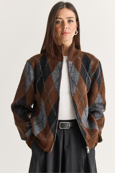 Women's Bitter Brown Diamond Patterned High Collar Zippered Shawl Collar Knitwear Cardigan 5243 60286702