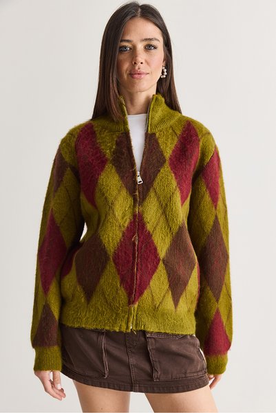 Women's Pistachio Green Diamond Patterned Stand Collar Zippered Shawl Collar Knitwear Cardigan 5243 60286702