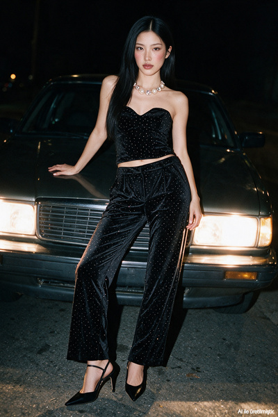 Stoned Velvet Wide Leg Trousers Black