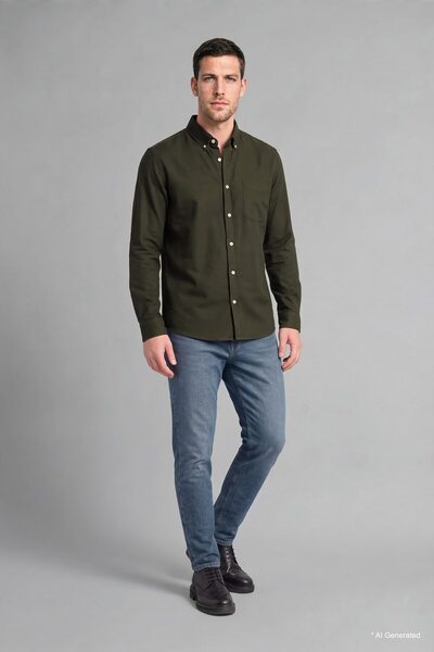 100% Cotton Regular Fit Polo Collar Oxford Basic Long Sleeve Shirt A8028Ax26Au