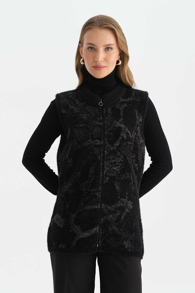 Zero Neckline Glittery Zipper Front Vest / Black