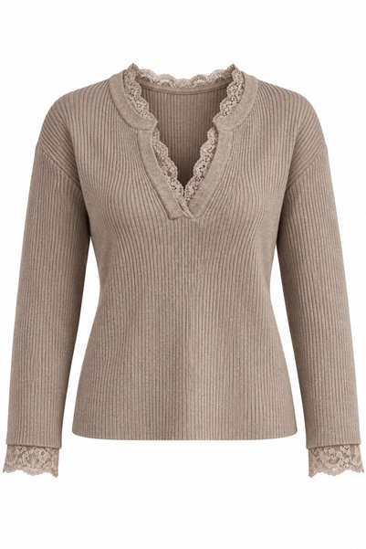 Mink Collar Lace Sleeve V-Neck Sweater - 261069