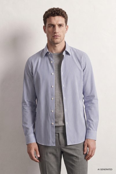 Slim Fit Navy Blue Striped Shirt