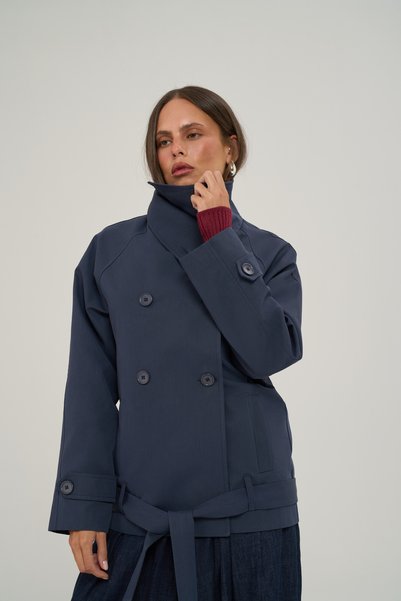 Malta Belted Navy Blue Short Trench Coat