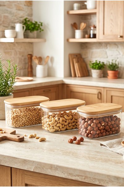 3-Piece Bamboo Vacuum Lid Rectangular Glass Breakfast Snack Bowl 350 ml