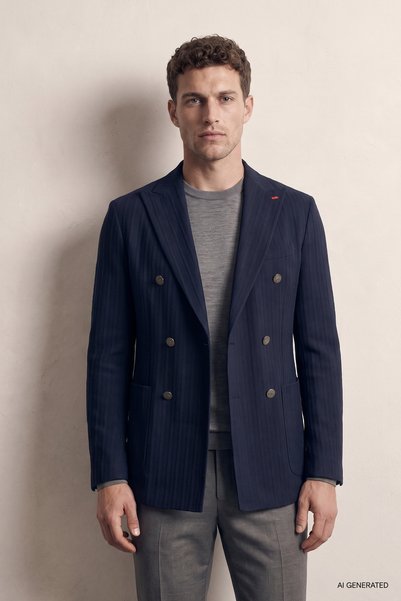 Slim Fit Navy Blue Striped Fabric Jacket