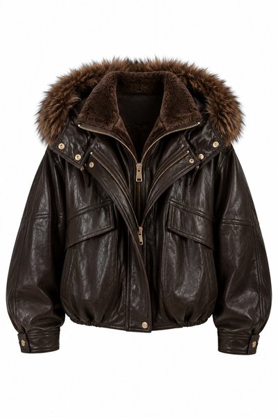 Brown Leather Jacket with Premium Fur Detail on the Collar - 631
