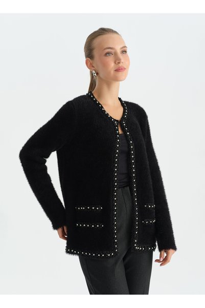 26Ksl4216 Black Women's V-Neck Stone Knitwear Cardigan with Pockets