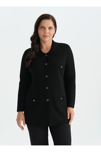 Black Women's V-Neck Glittery Cardigan 26Ksl4208