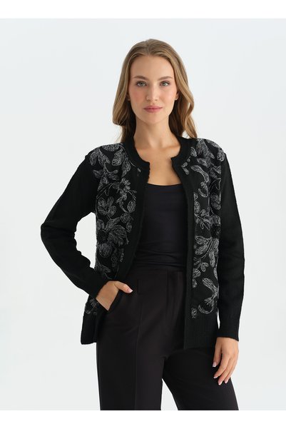 Black Women's V-Neck Floral Cardigan 26Ksl4214
