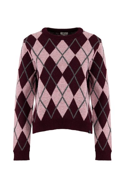 J5Wl-Kzk7168 Burgundy Women's Crew Neck Patterned Relaxed Knit Sweater