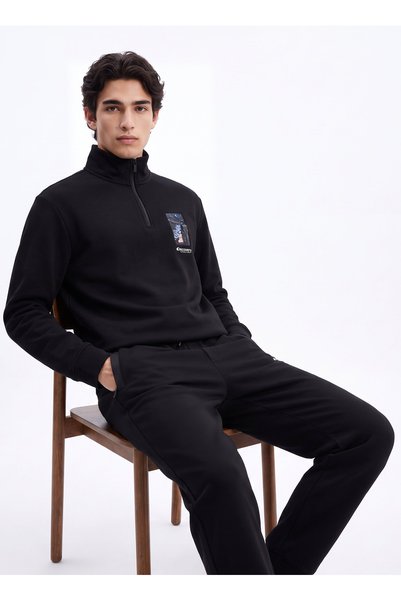 D6Wm-Swt3802 Black Men's Zippered Comfortable Fit Sweatshirt
