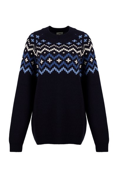 J6Wm-Kzk7870 Dark Navy Blue Men's Crew Neck Jacquard Relaxed Fit Sweater