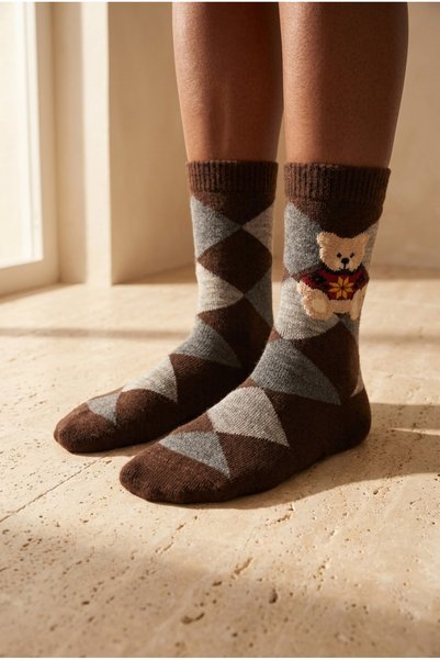 Unisex Plaid Teddy Wool Socks Brown