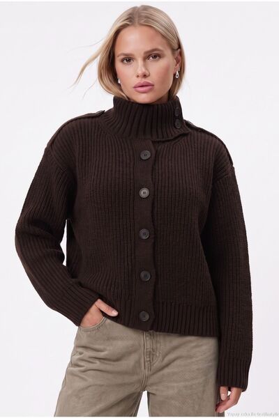 Women's Walf High Collar Epaulet Brown Knitwear Cardigan