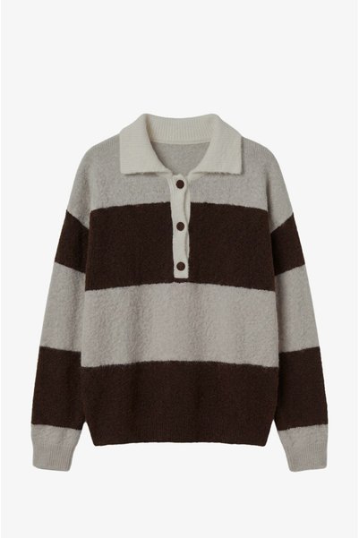 Beige Nora Striped Polo Collar Sweater
