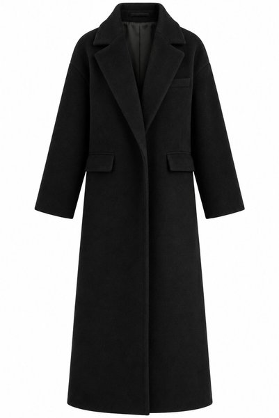 Black Double-Breasted Collar Pocket Long Coat - 2Y54436