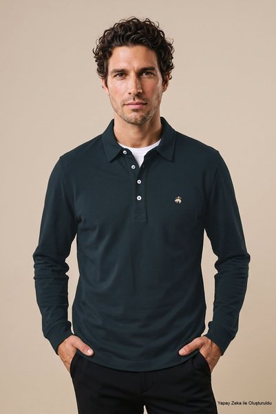 Men's Dark Green Long Sleeve Polo Collar T-Shirt