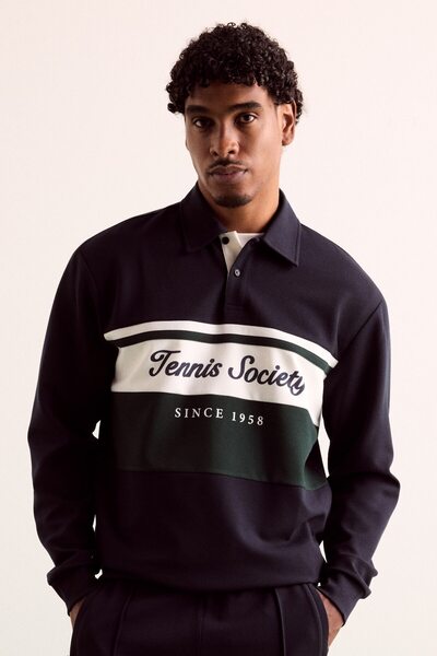 Standard Fit Polo Collar Blocky Printed Sweatshirt H8166Ax26Au