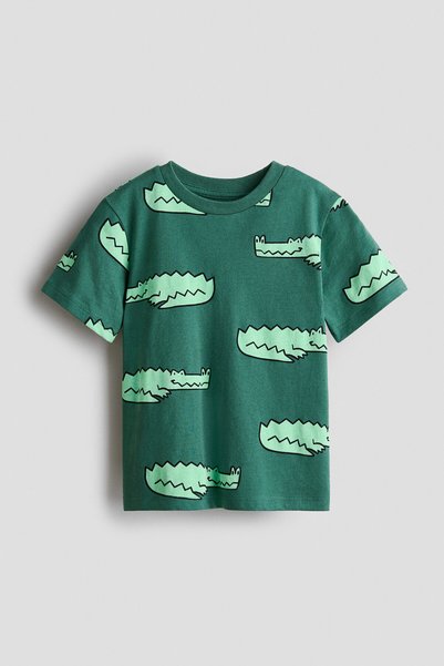 Cotton and Printed T-Shirt Regular Fit Jersey Dark Green/Crocodiles