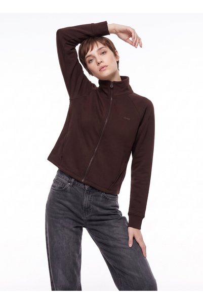 J6Wl-Swt7032 Brown Women's Stand Collar Printed Relaxed Pocket Knitted Sweatshirt