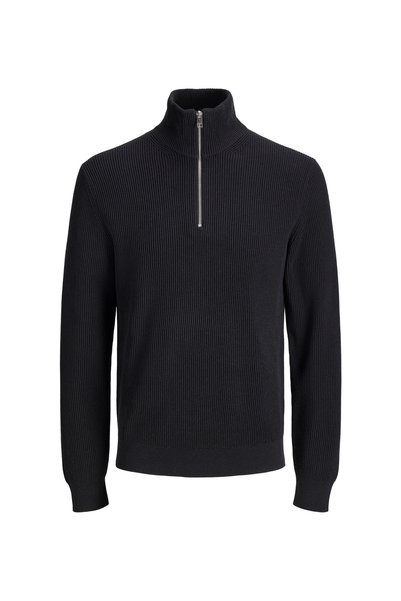 12298379 Jjeperfect Rib Knit Half Black Men's High Collar Ribbed Patterned Knit Sweater