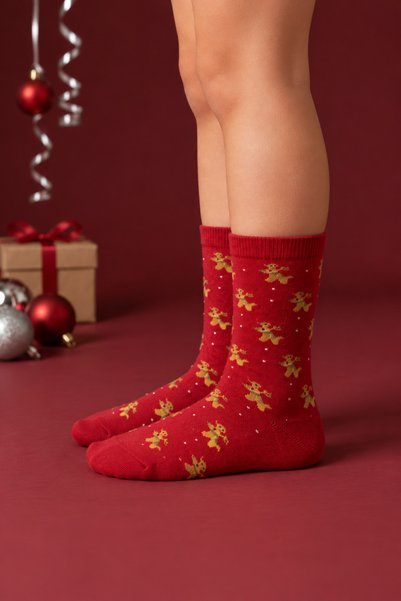 Children's Deer Patterned Cotton Christmas Socks Red