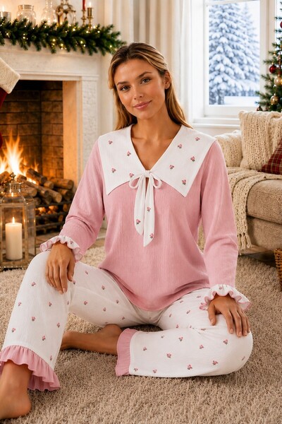 Bürümcük Knitted Long Sleeve Women's Pajama Set with Shoulder Piece and Tie Detail