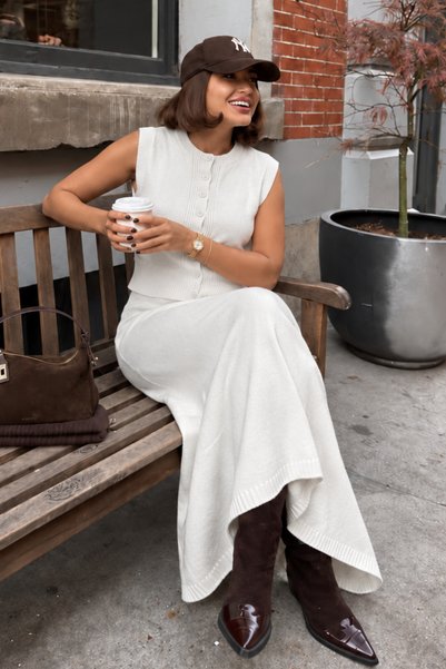 Women's Ecru Button Detailed Crew Neck Knitwear Vest and Long Skirt Two-Piece Set