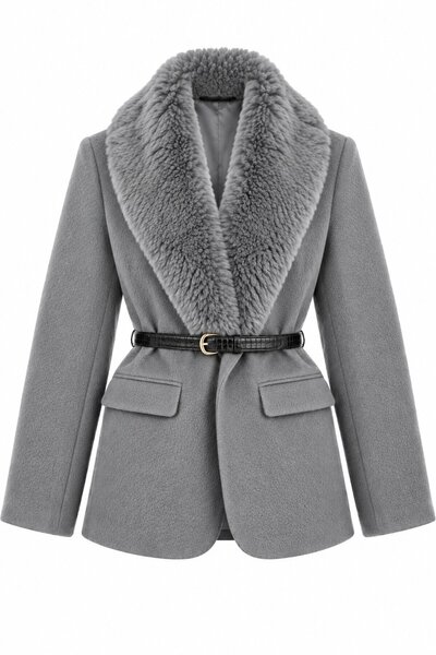 Gray Fur Collar Plush Jacket - 9688