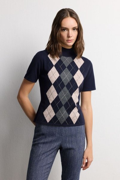 Fashion Passion Navy Blue Diamond Pattern Knitwear Blouse