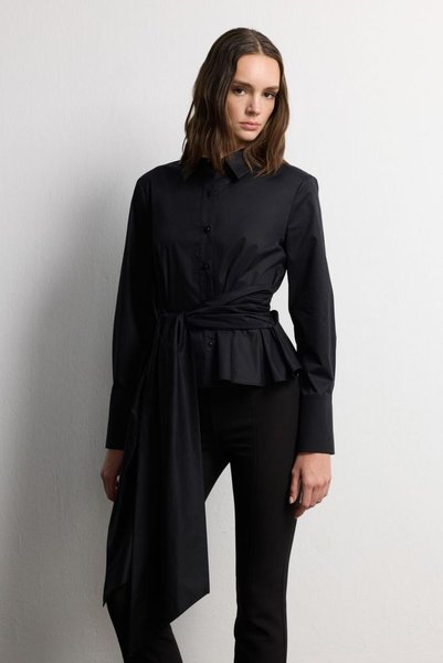 Fashion Passion Black Peplum Shirt with Tie Detail
