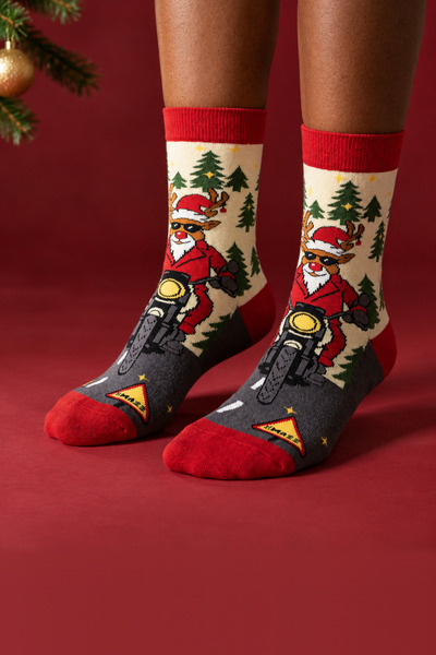 Unisex Biker Deer Christmas Towel Socks Gray Mix