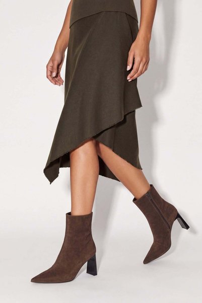 Women's Pointed Toe Stitched Detailed Zippered Heeled Boots Evrin Brown Suede