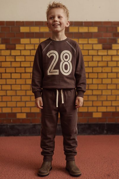 Ribboned Karyoka Detailed Printed Sweatshirt Set for 2-10 Years Old Brown