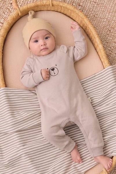 Bear Embroidered Jumpsuit 0-3 Years Sand