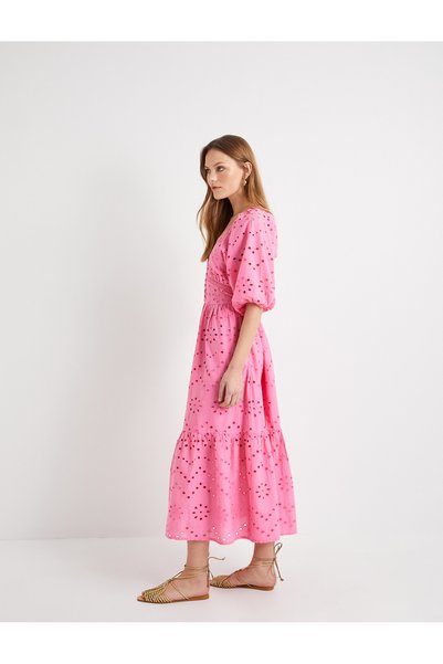 Long Scalloped Dress with Balloon Sleeves, Deep-Cut Neckline and Buttons