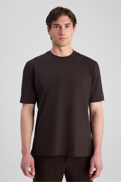 Ds Damat Regular Fit Brown Embroidered 100% Cotton Single Jersey T-Shirt