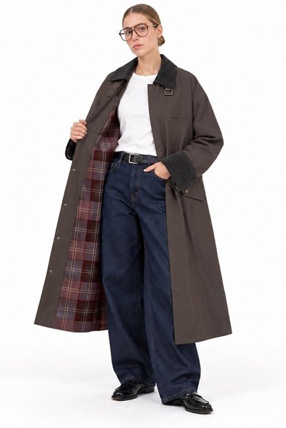 Oversize Velvet Collared Plaid Lined Long Trench Coat