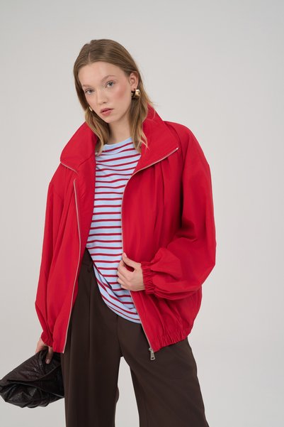 Azel Zippered Oversize Red Bomber Jacket