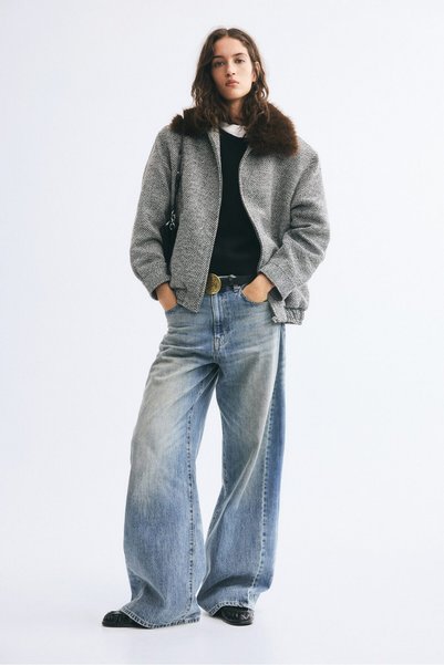 Fluffy Fur Collared Herringbone Woven Jacket