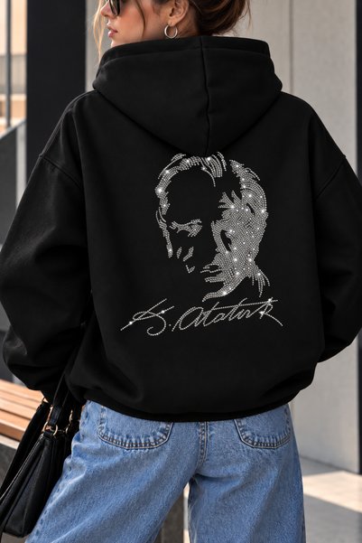 Unisex Ataturk and Ataturk Signature Stone Back Print Detailed Kangaroo Pocket O Oversized K Hooded Sweatshirt