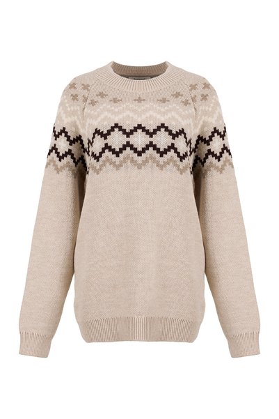J6Wm-Kzk7870 Beige Men's Crew Neck Jacquard Relaxed Fit Sweater